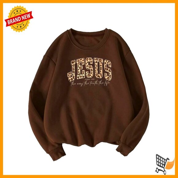 Tops - Leopard Print Letter Crewneck Sweatshirt Fleece Pullover Streetwear Y2K Chic
